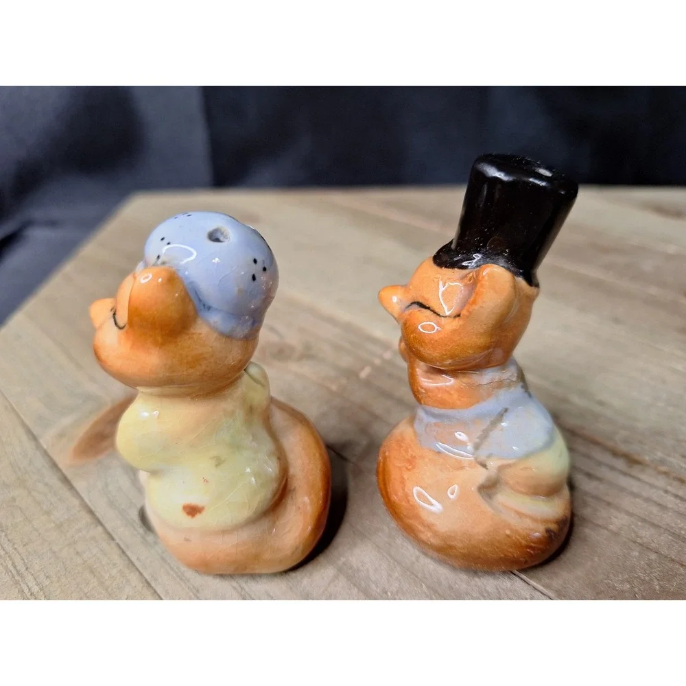 Vintage 1950s Anthropomorphic Fox Salt & Pepper Shakers Top Hat & Bonnet Set